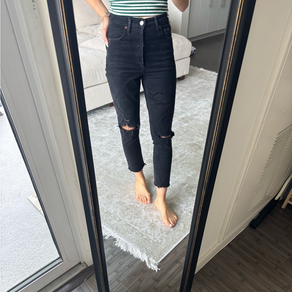 AGOLDE black High-Waisted Black Distressed Jeans raw hem ripped button fly